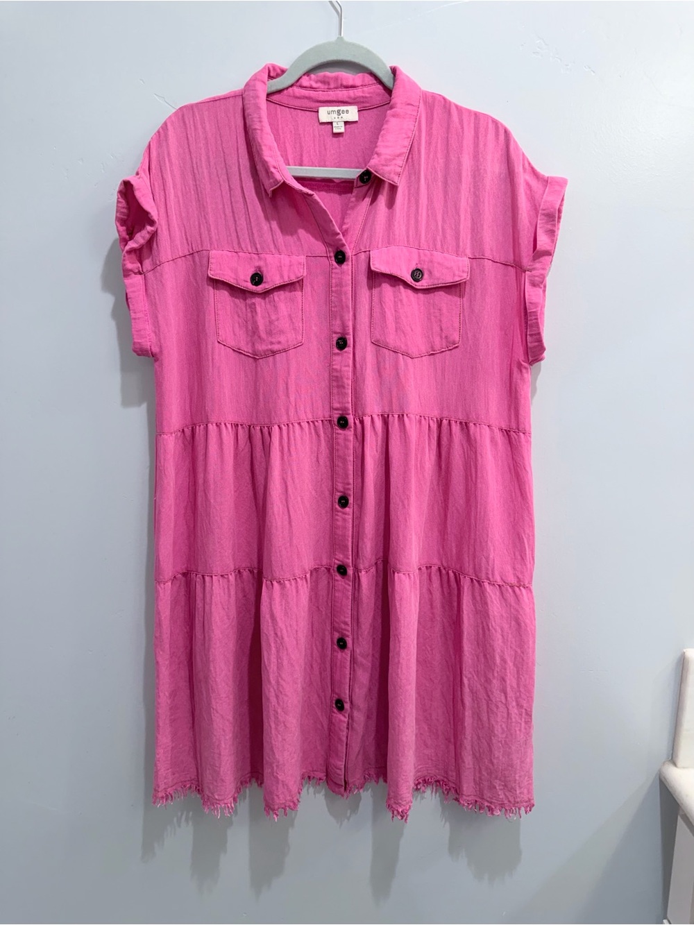 Umgee Hot Pink Tiered Frayed Hem Shirt Summer Shirt Mini Dress Oversized Large - Picture 10 of 12